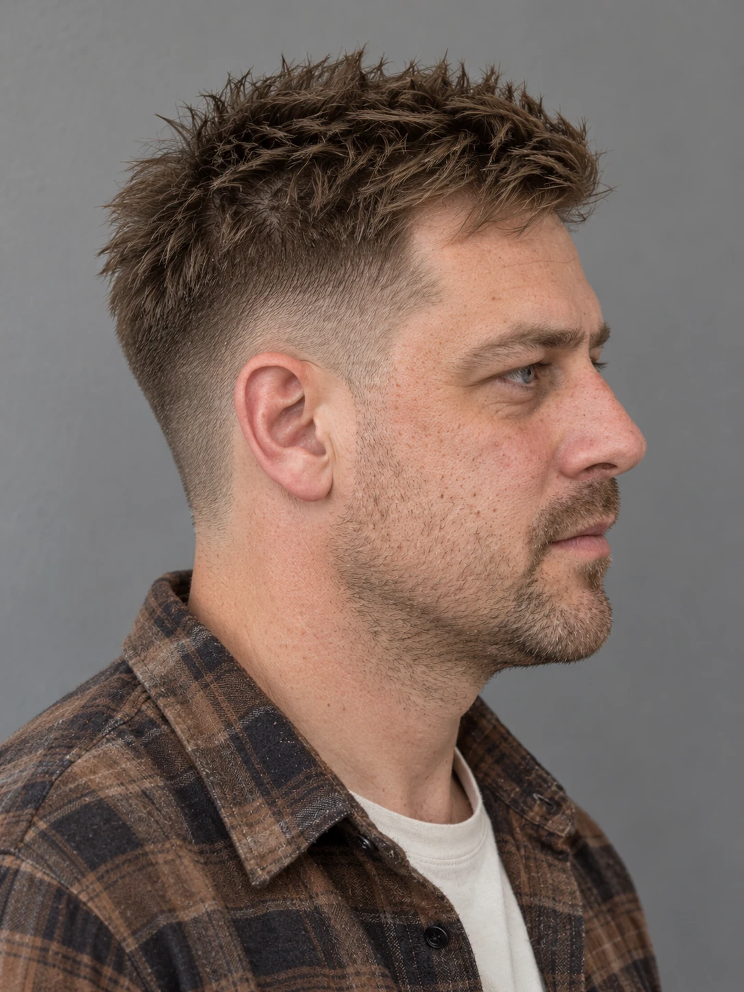 AI concept: short straight textured spikes with a high taper, right-side view.