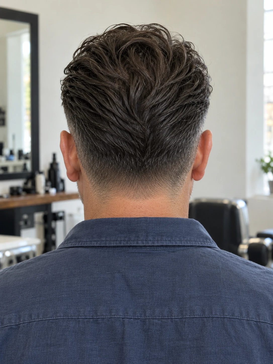 AI concept: silver-stranded straight brushed-back top with a high taper, rear view.