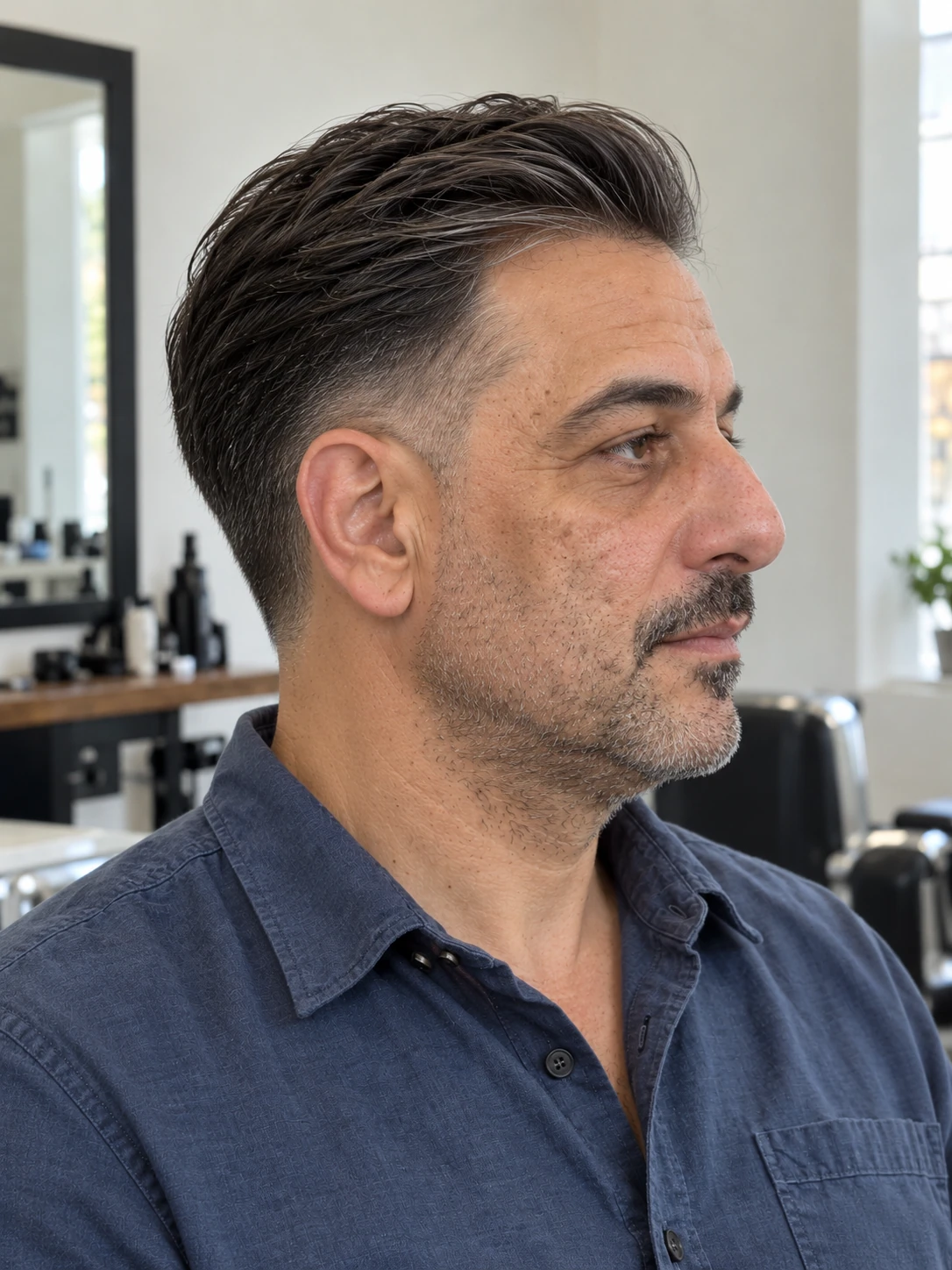 AI concept: silver-stranded straight brushed-back top with a high taper, right-side view.