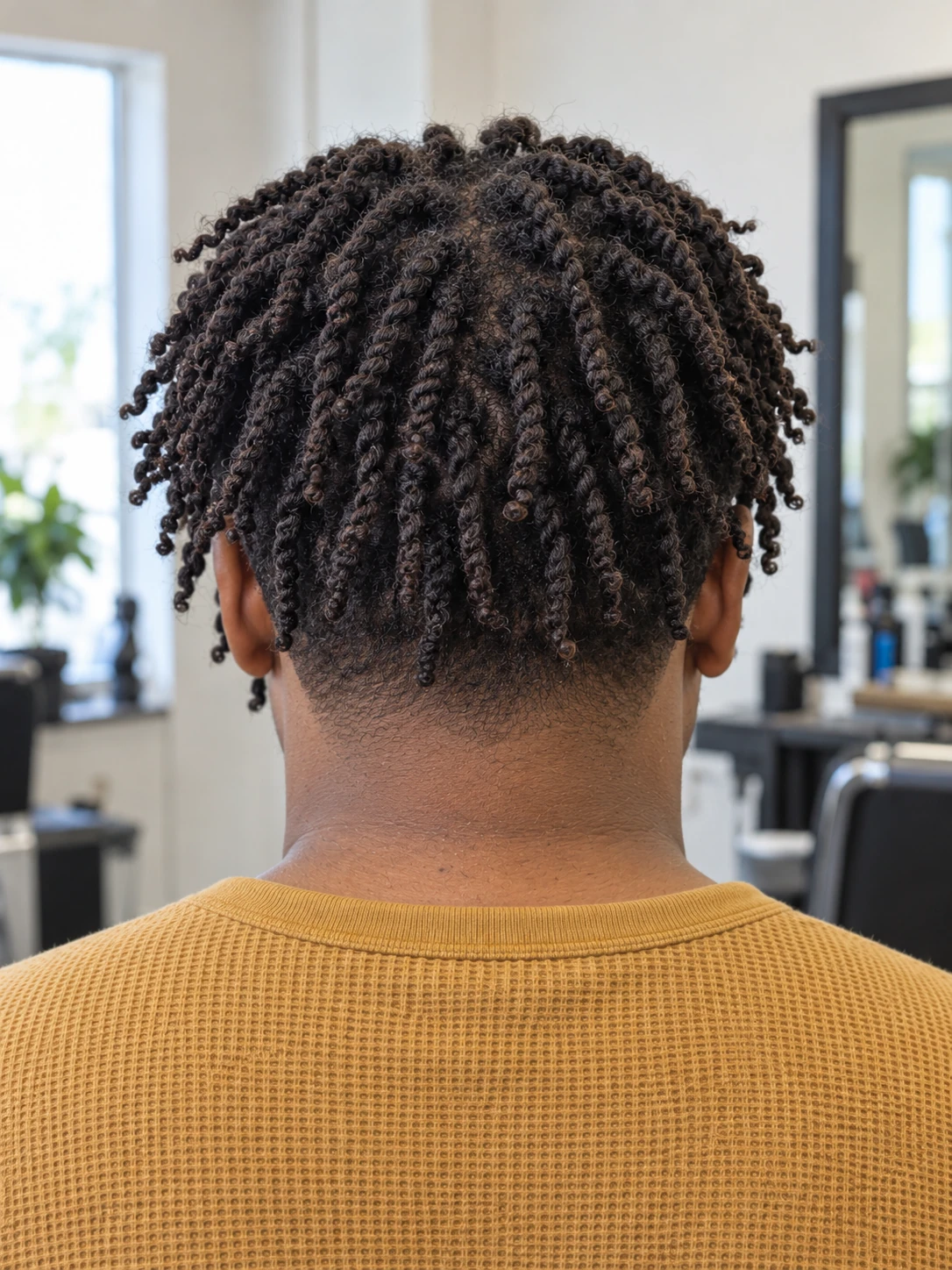 AI concept: long coily twist top with a high taper, rear view.
