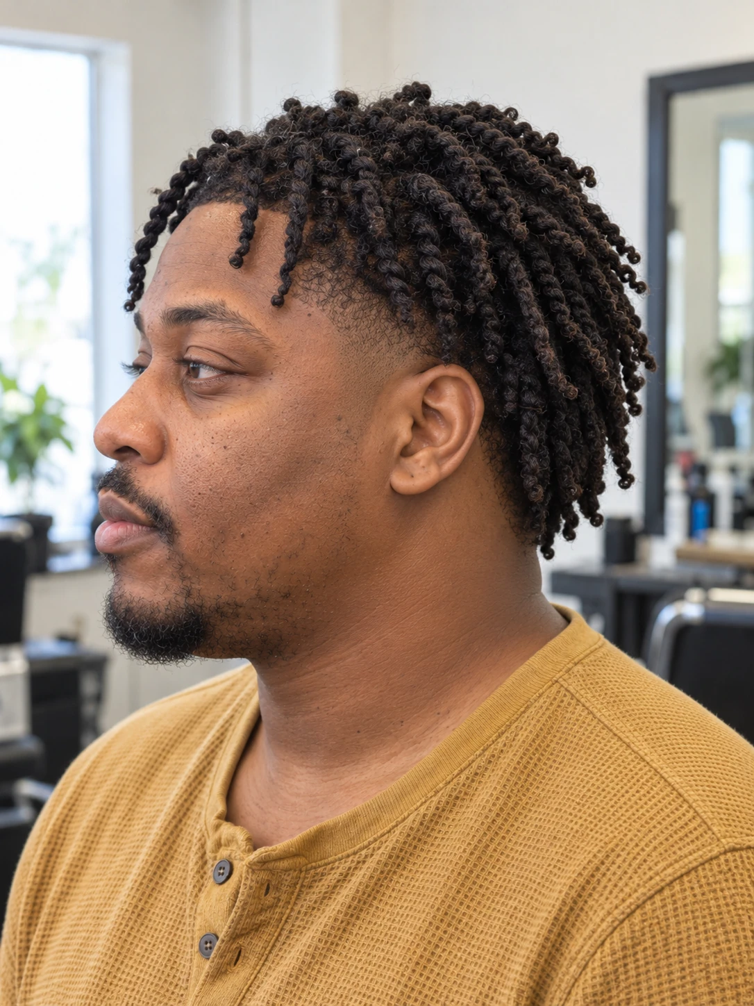 AI concept: long coily twist top with a high taper, left-side view.