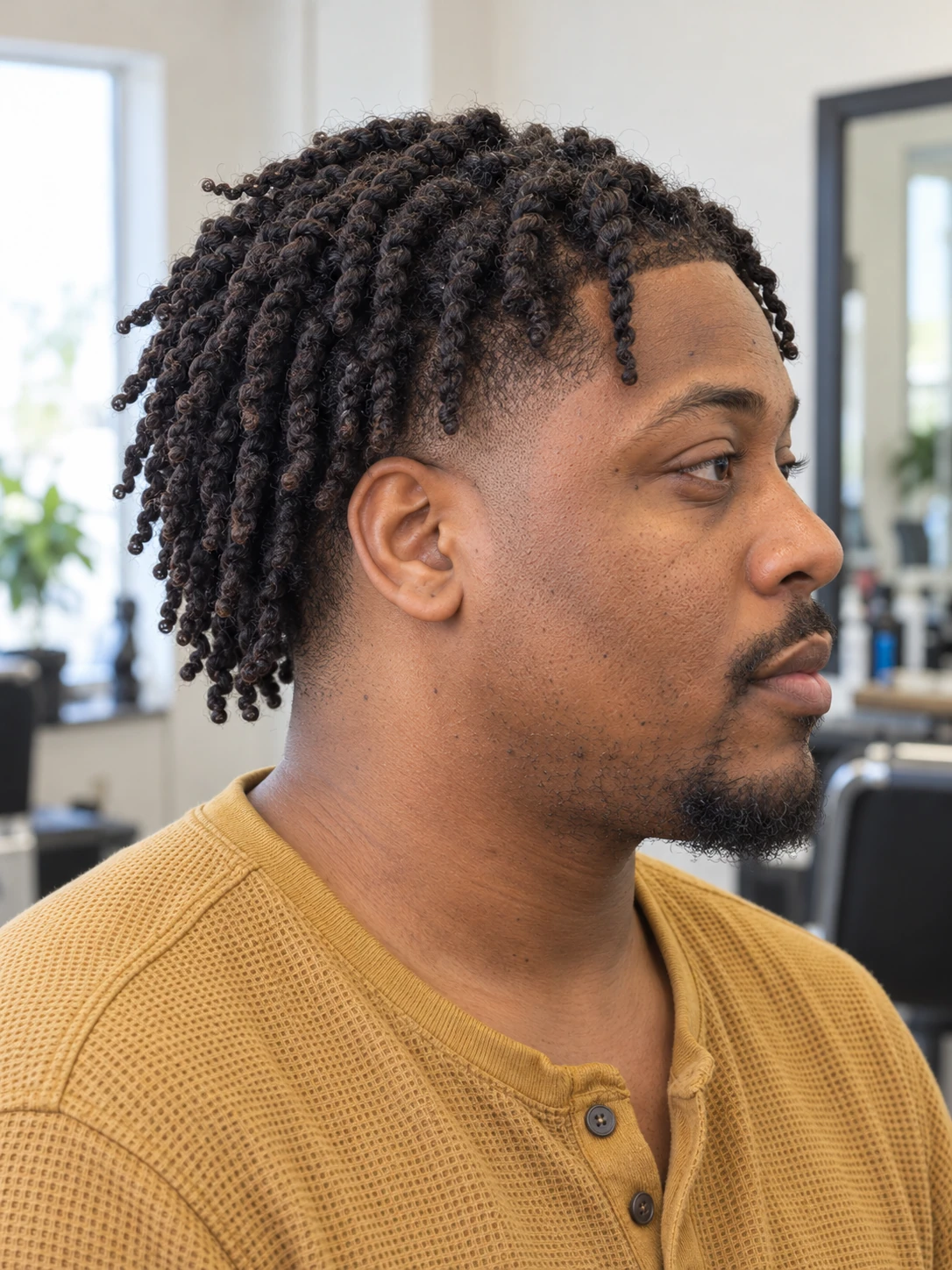 AI concept: long coily twist top with a high taper, right-side view.