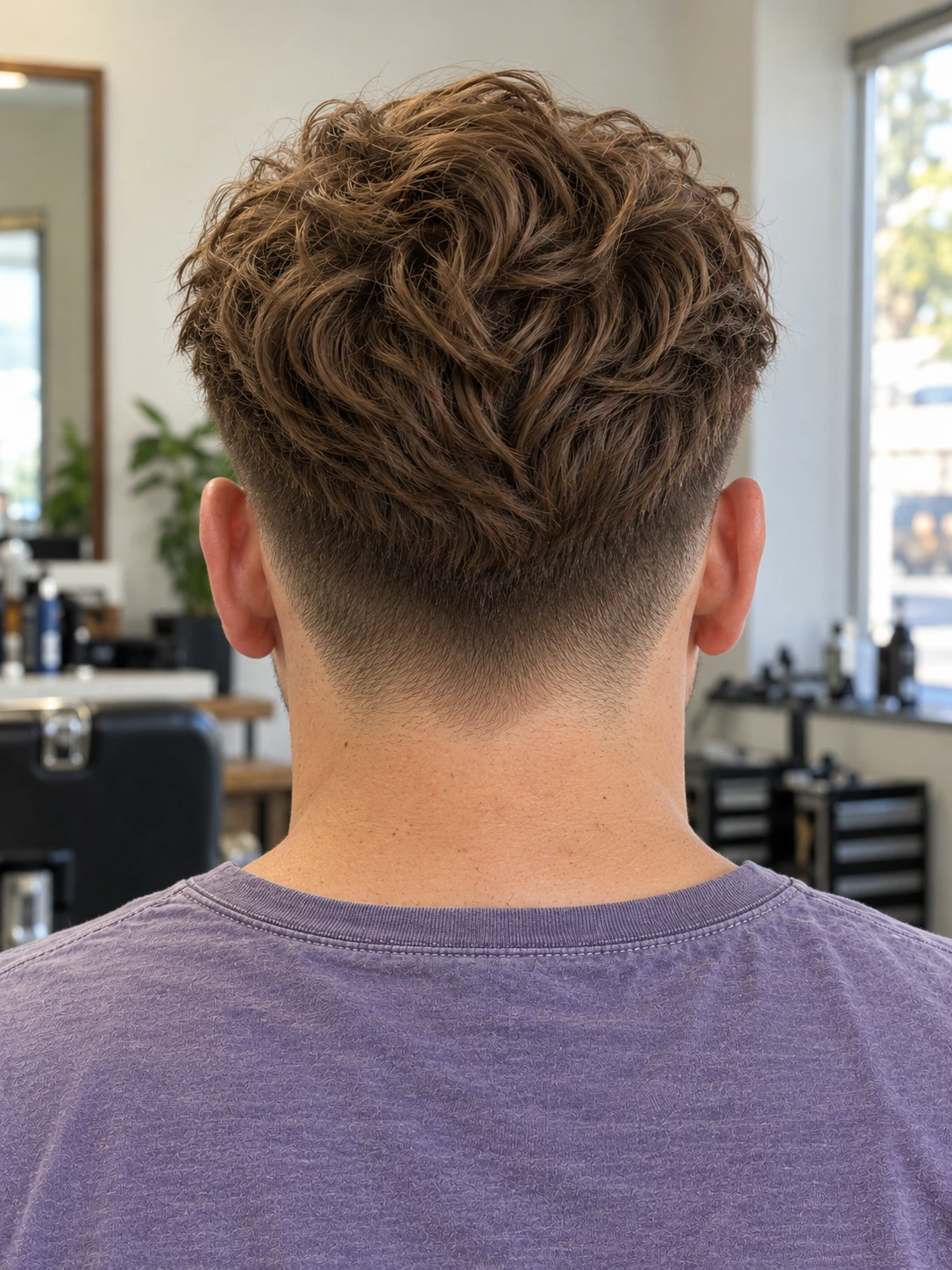 AI concept: side-swept wavy fringe with a high taper, rear view.