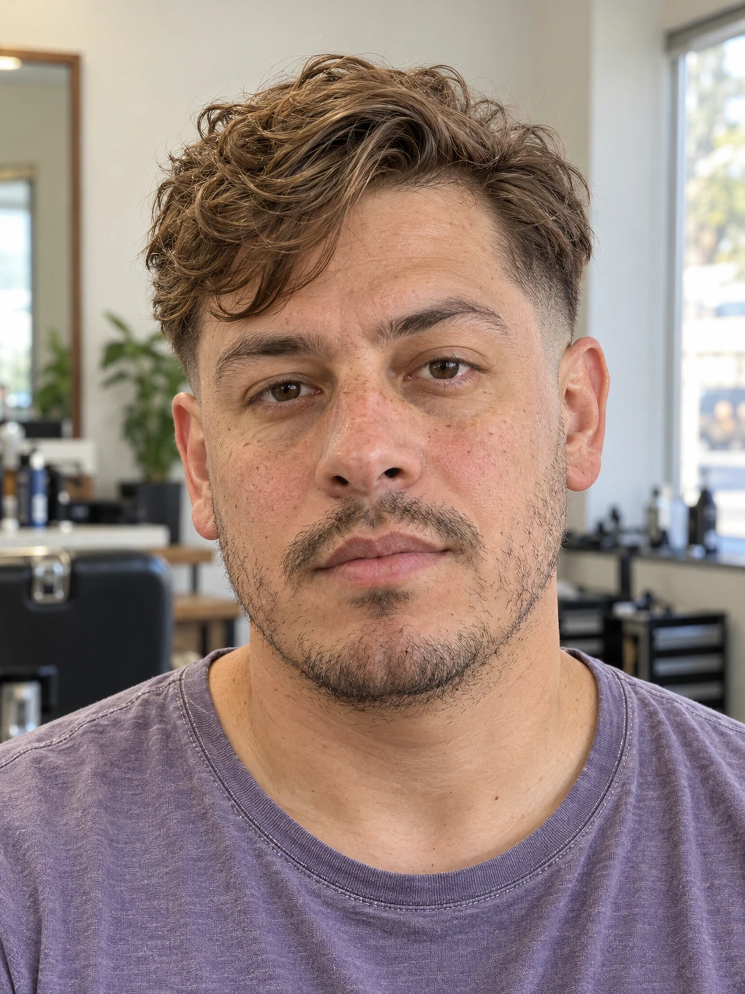 AI concept: side-swept wavy fringe with a high taper, front view.