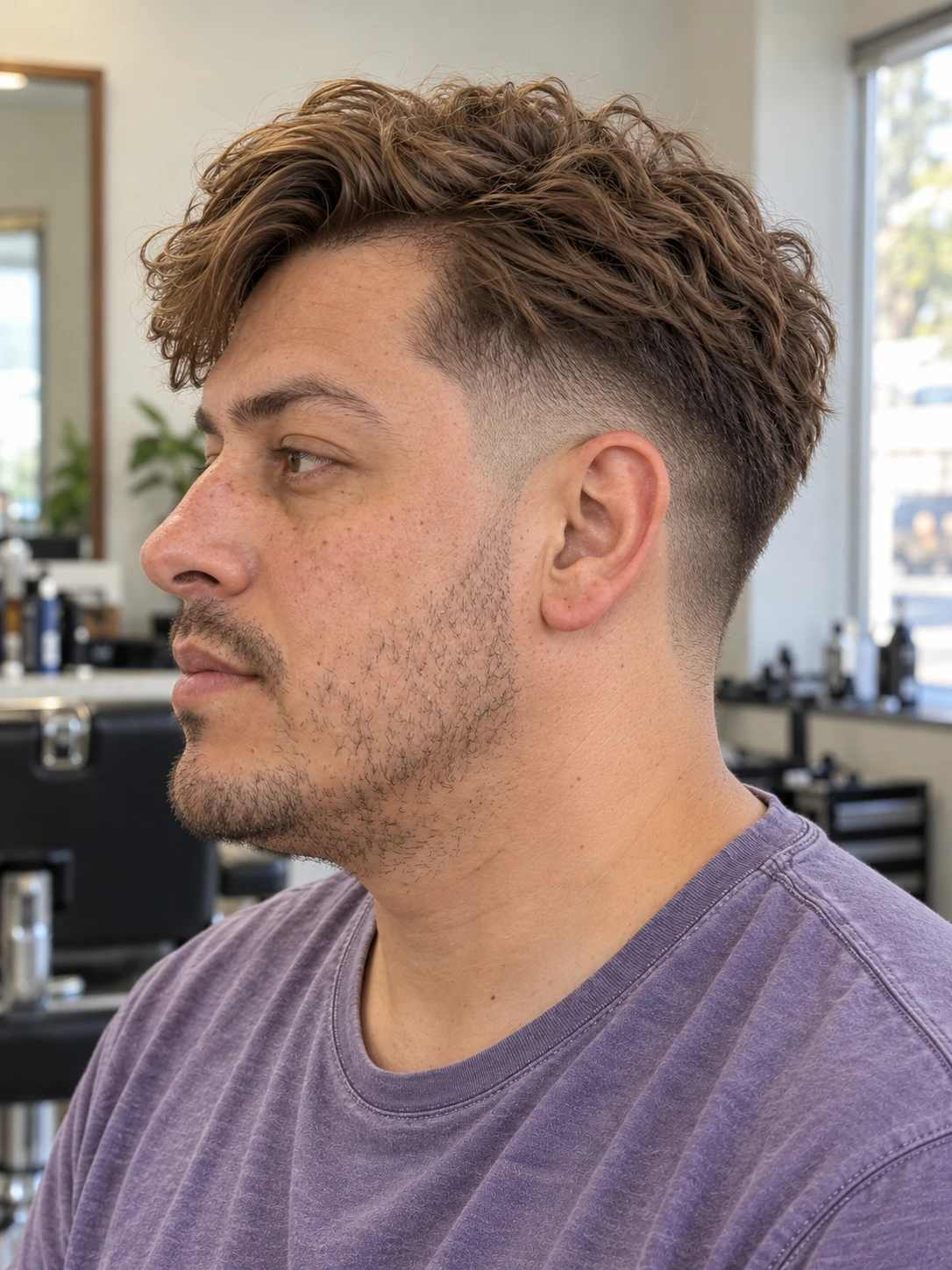 AI concept: side-swept wavy fringe with a high taper, left-side view.