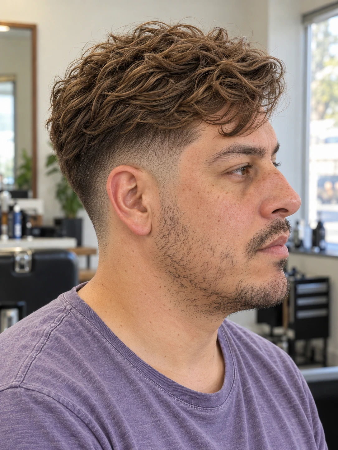 AI concept: side-swept wavy fringe with a high taper, right-side view.