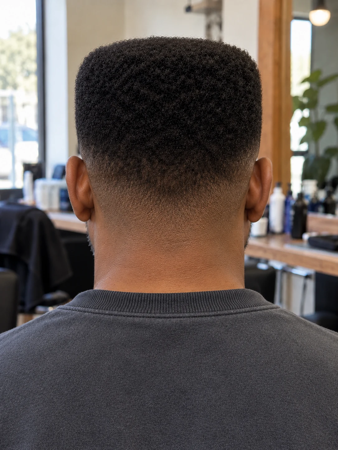 AI haircut concept: low taper with a narrow coily flat top, rear view.