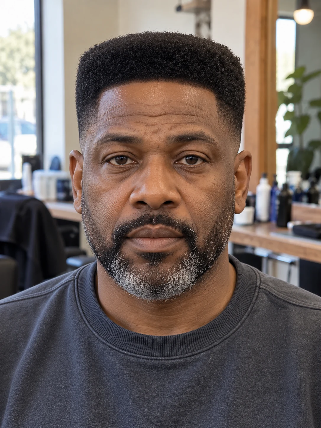 AI haircut concept: low taper with a narrow coily flat top, front view.