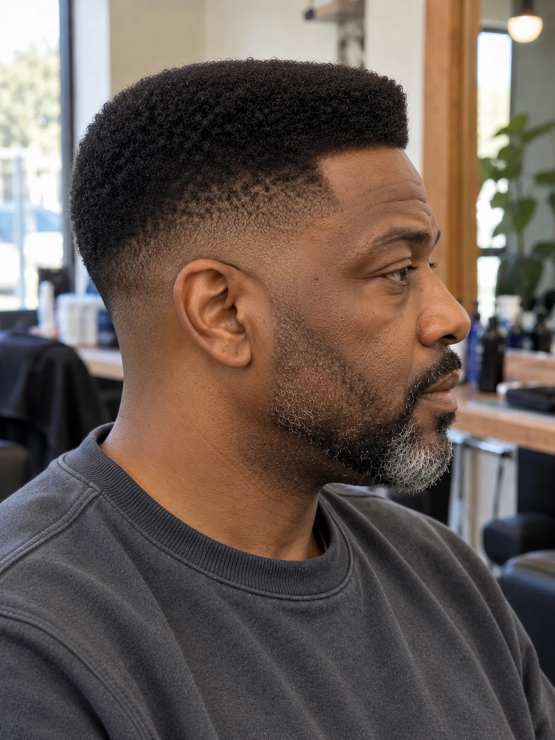 AI haircut concept: low taper with a narrow coily flat top, opposite-side view.
