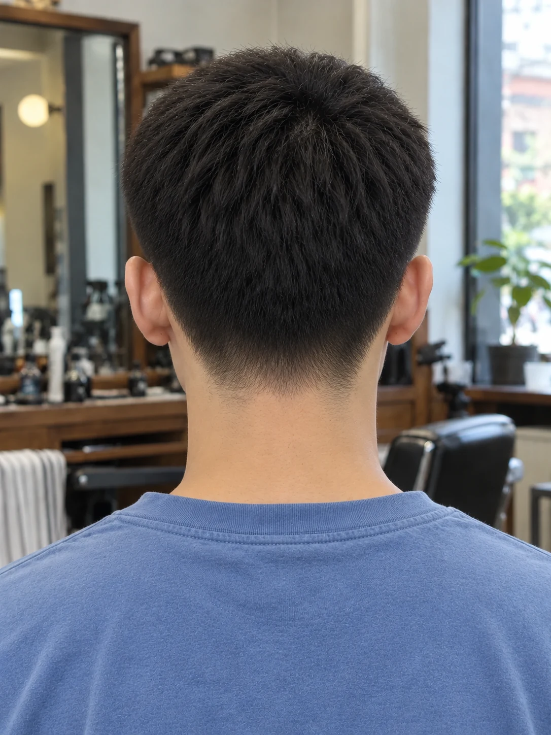 AI haircut concept: low taper with a micro caesar fringe, rear view.