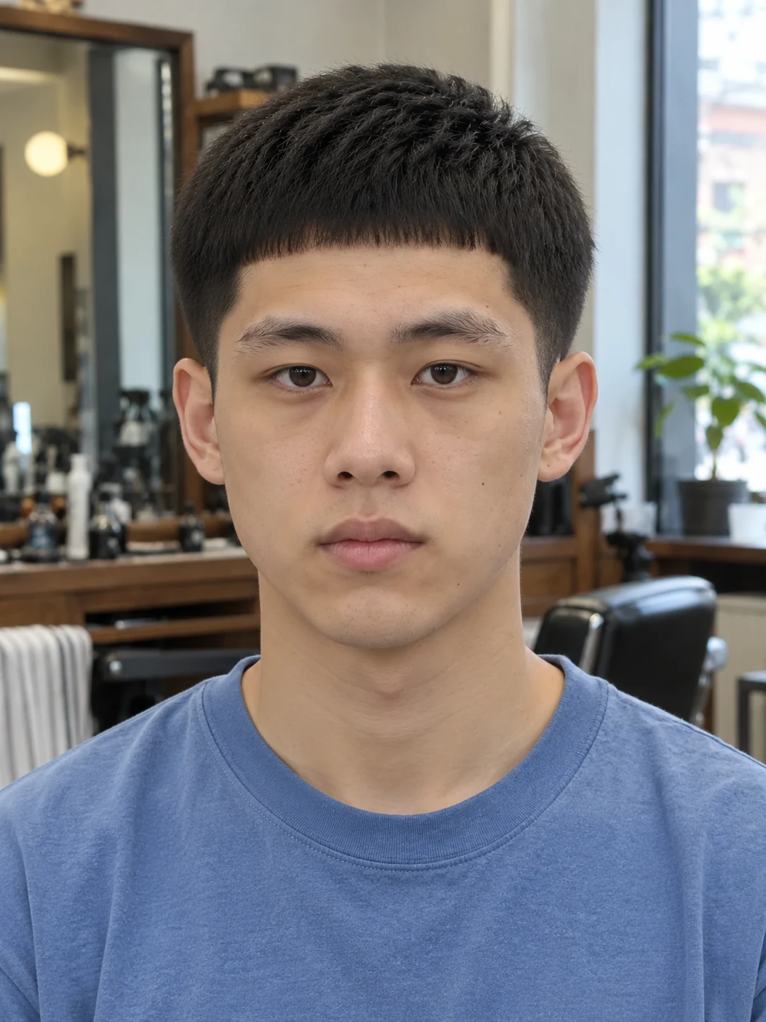 AI haircut concept: low taper with a micro caesar fringe, front view.