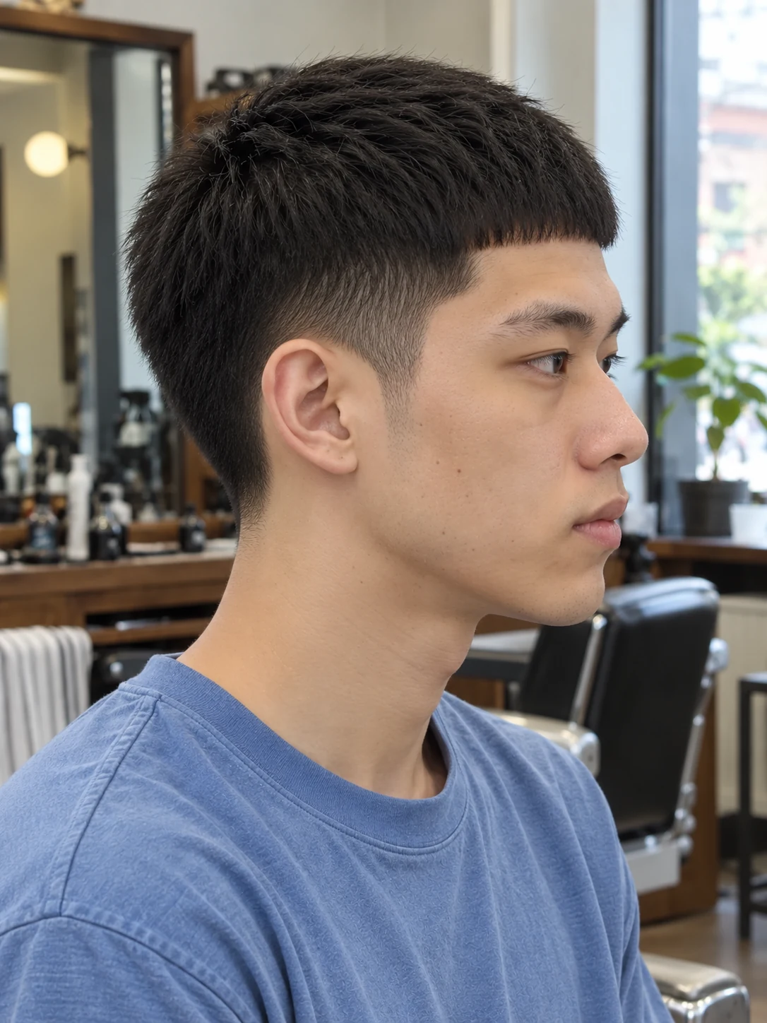 AI haircut concept: low taper with a micro caesar fringe, opposite-side view.
