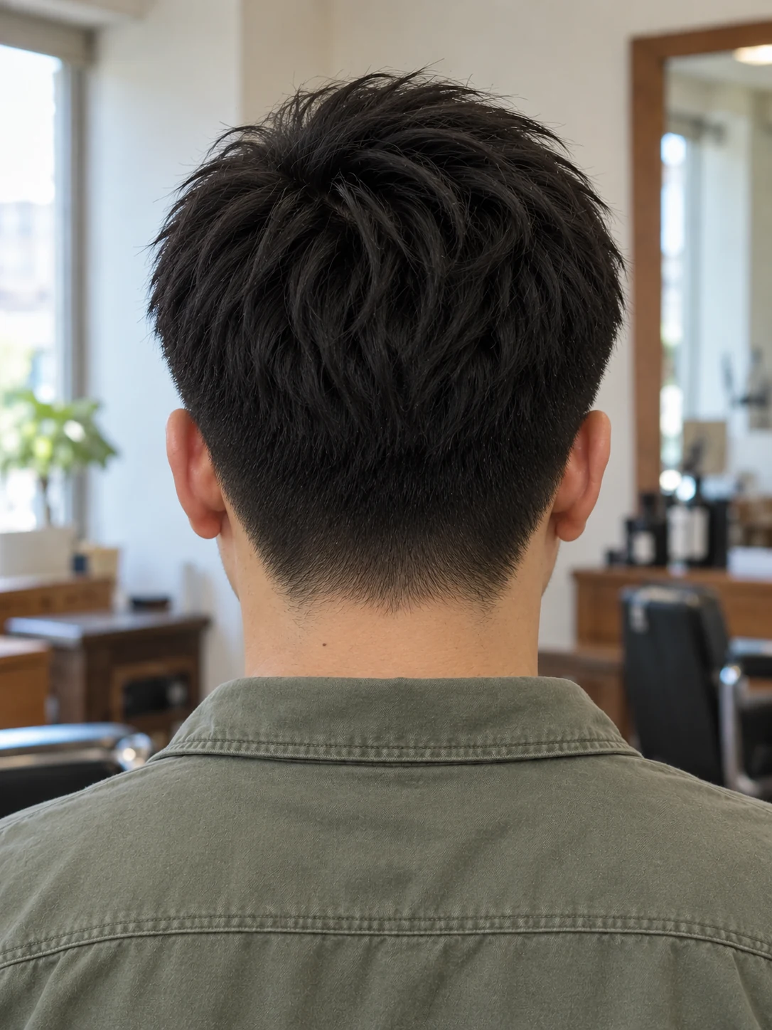 AI haircut concept: mid taper with a diagonal fringe, rear view.