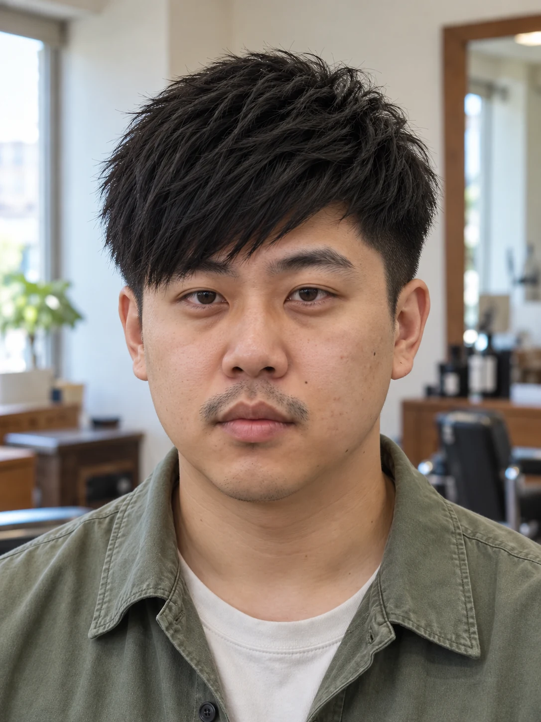 AI haircut concept: mid taper with a diagonal fringe, front view.