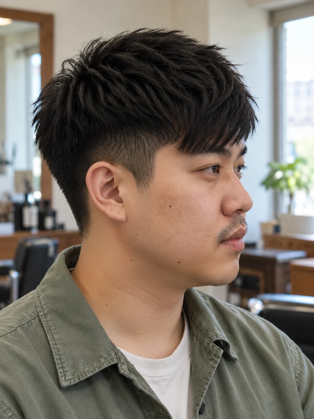 AI haircut concept: mid taper with a diagonal fringe, opposite-side view.