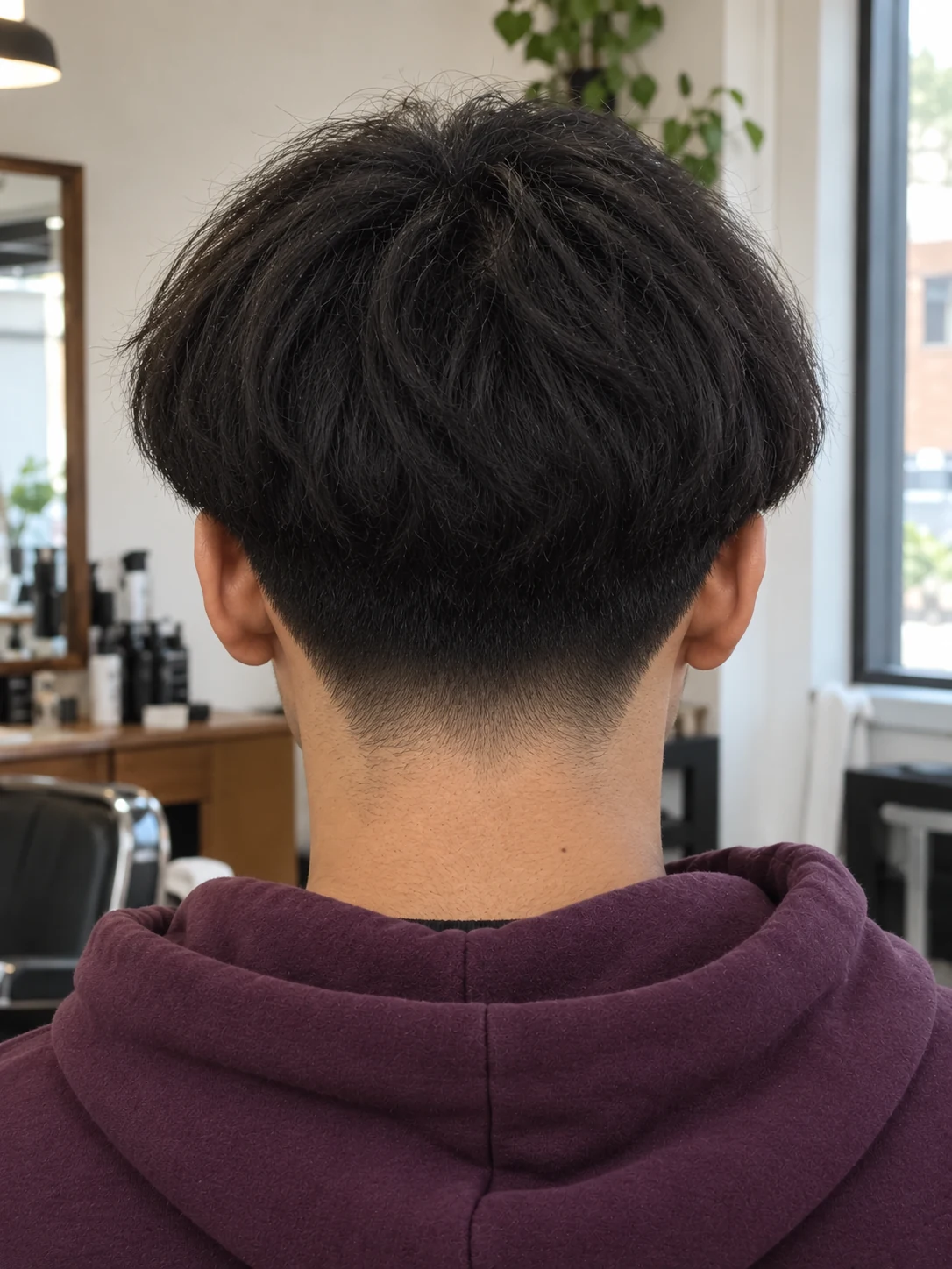 AI haircut concept: low taper with a rounded bowl outline, rear view.