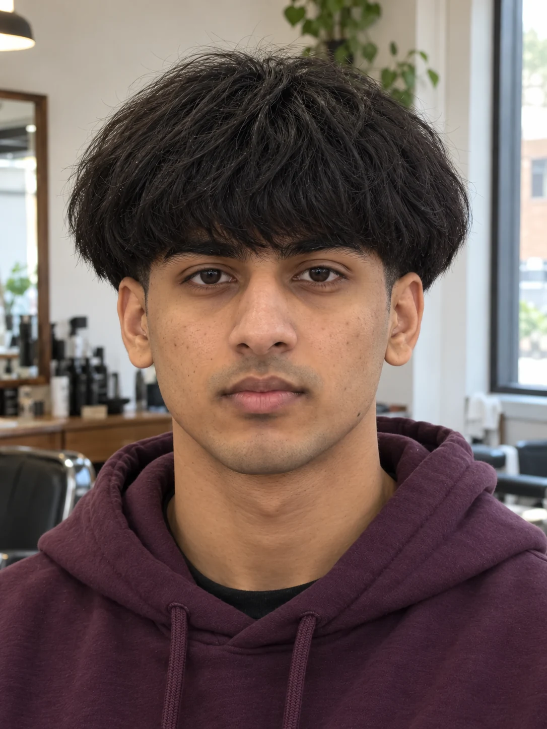 AI haircut concept: low taper with a rounded bowl outline, front view.