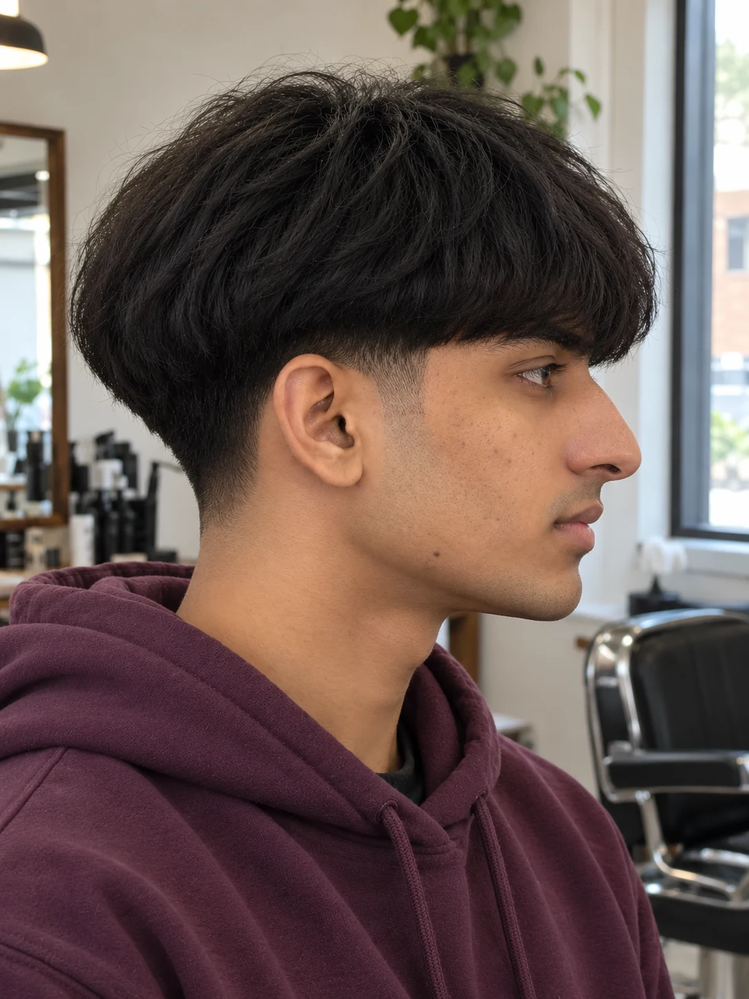 AI haircut concept: low taper with a rounded bowl outline, opposite-side view.