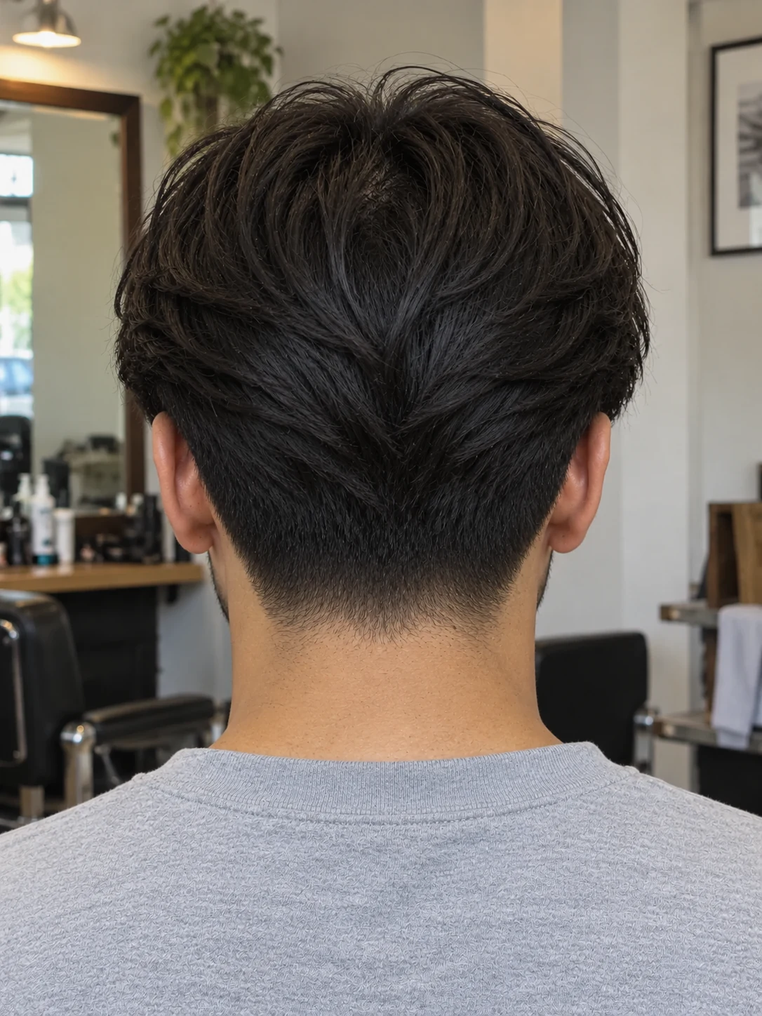AI haircut concept: low taper with long parted curtains, rear view.