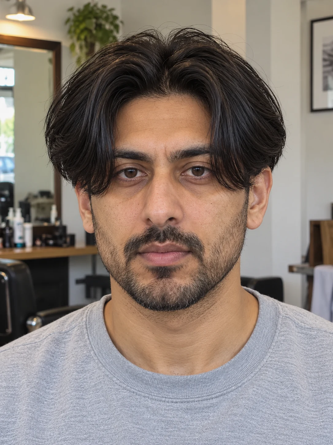 AI haircut concept: low taper with long parted curtains, front view.