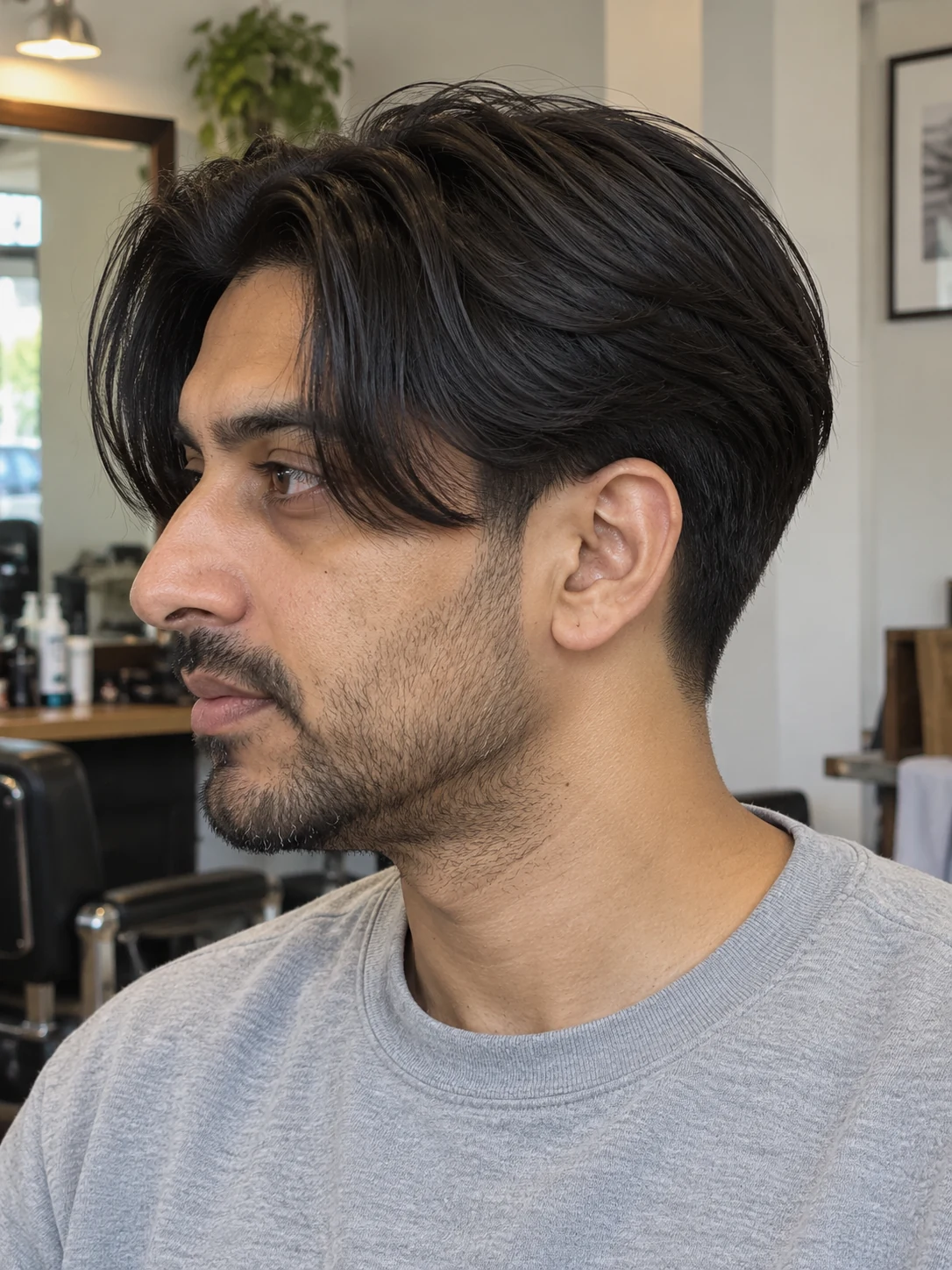 AI haircut concept: low taper with long parted curtains, left-side angled view.