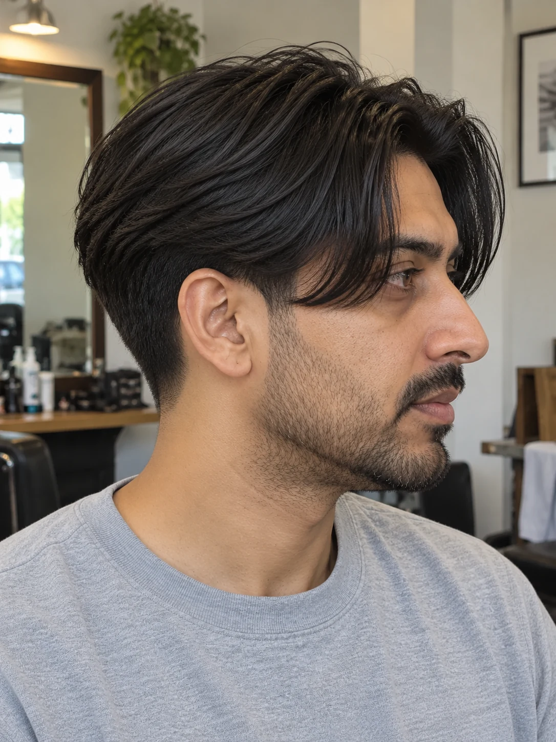 AI haircut concept: low taper with long parted curtains, opposite-side view.