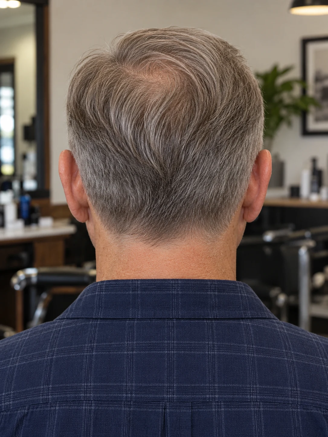 AI haircut concept: low taper with a fine combed side sweep, rear view.