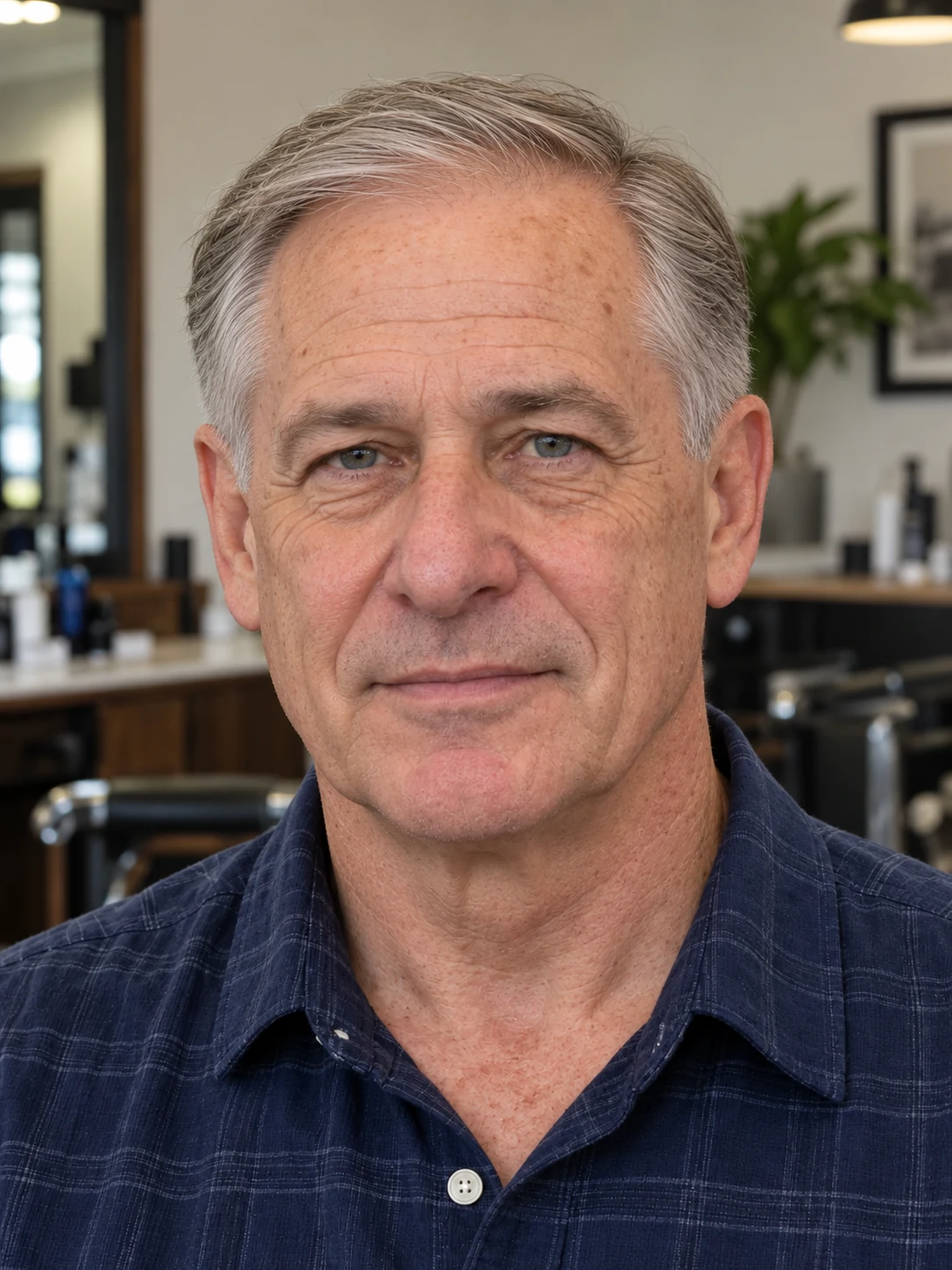 AI haircut concept: low taper with a fine combed side sweep, front view.