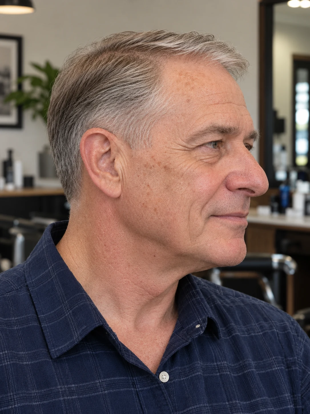 AI haircut concept: low taper with a fine combed side sweep, opposite-side view.