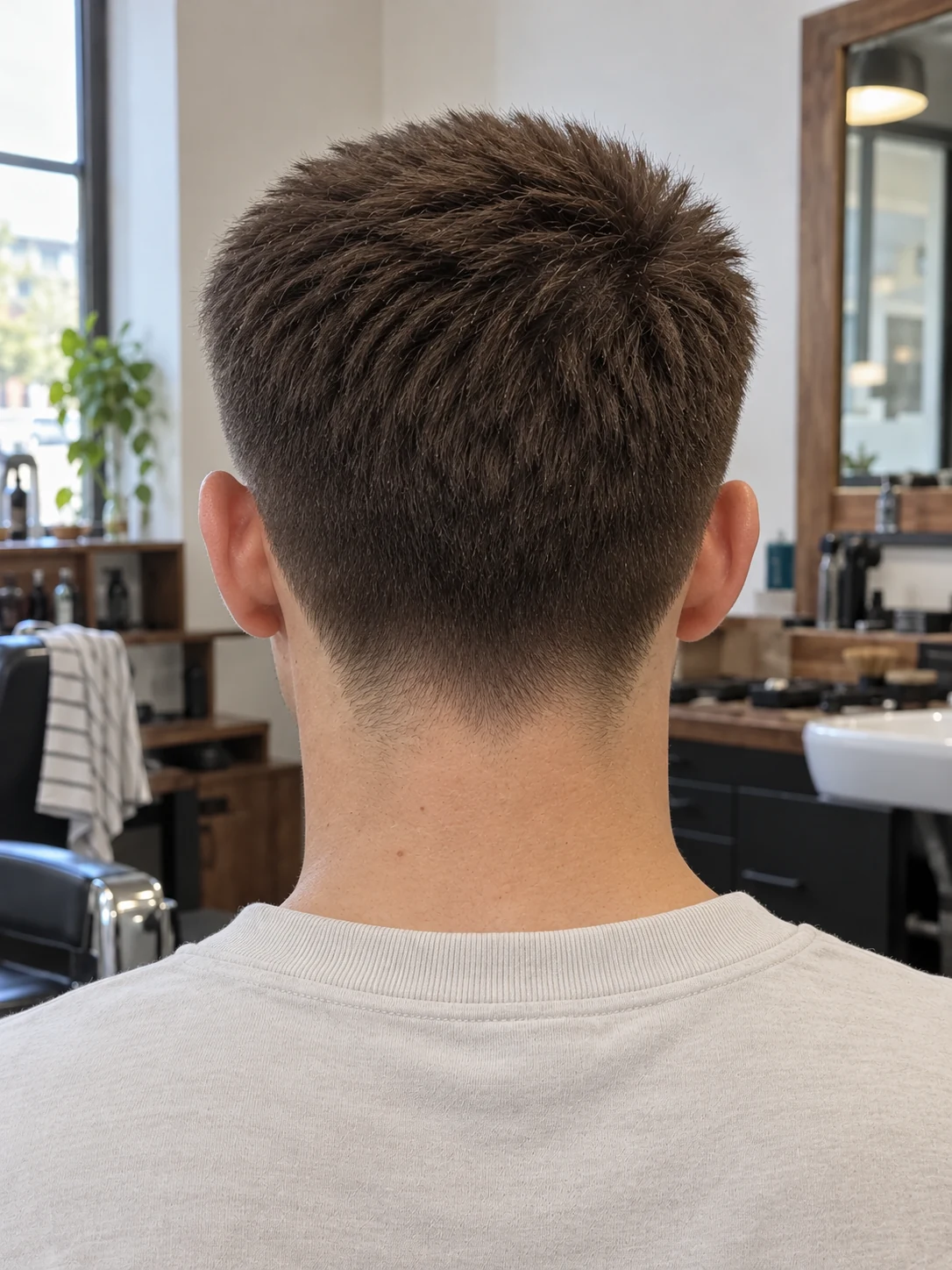 AI haircut concept: high taper with an upright brush crop, rear view.