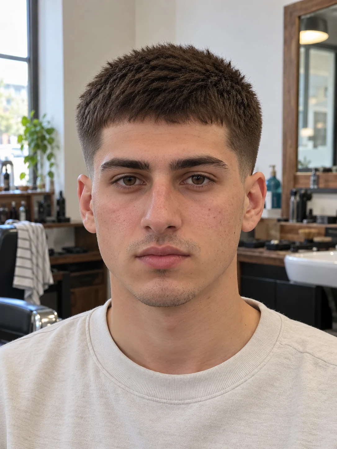 AI haircut concept: high taper with an upright brush crop, front view.