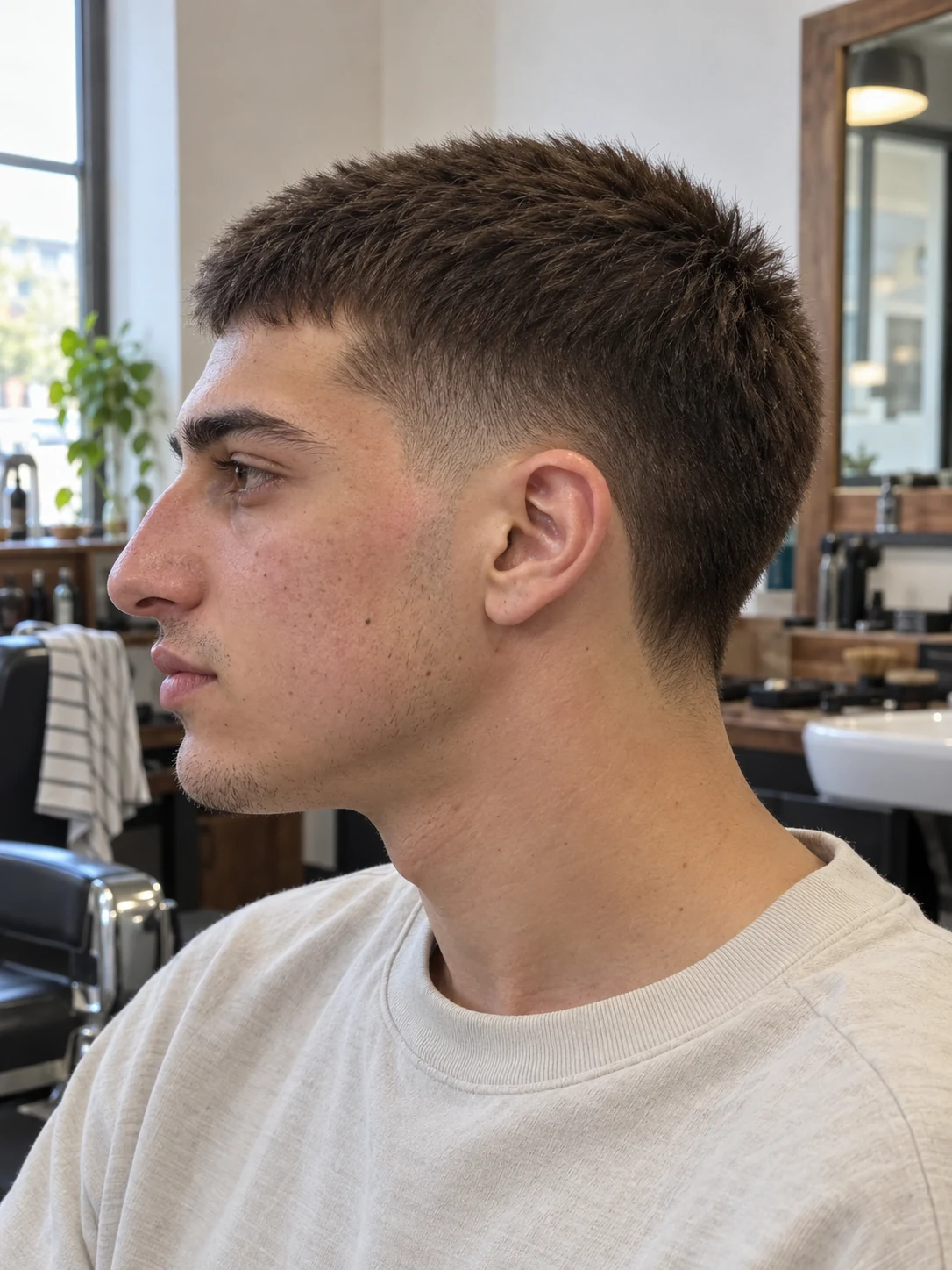 AI haircut concept: high taper with an upright brush crop, young adult left-side reference.