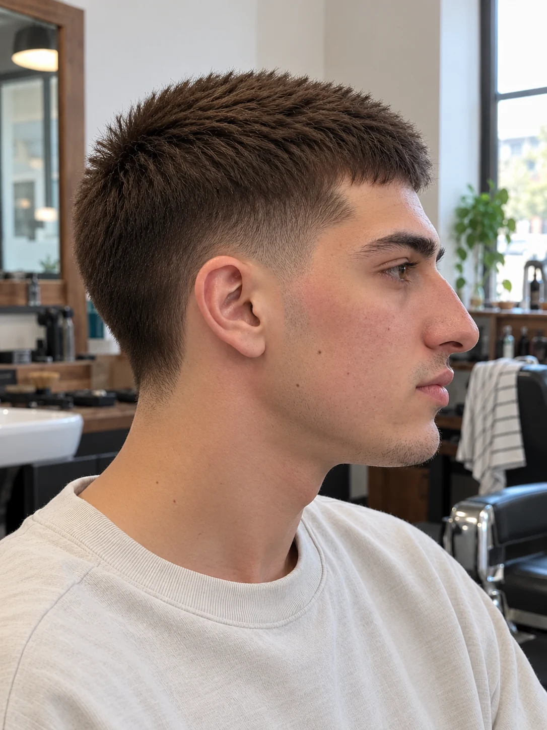 AI haircut concept: high taper with an upright brush crop, opposite-side view.