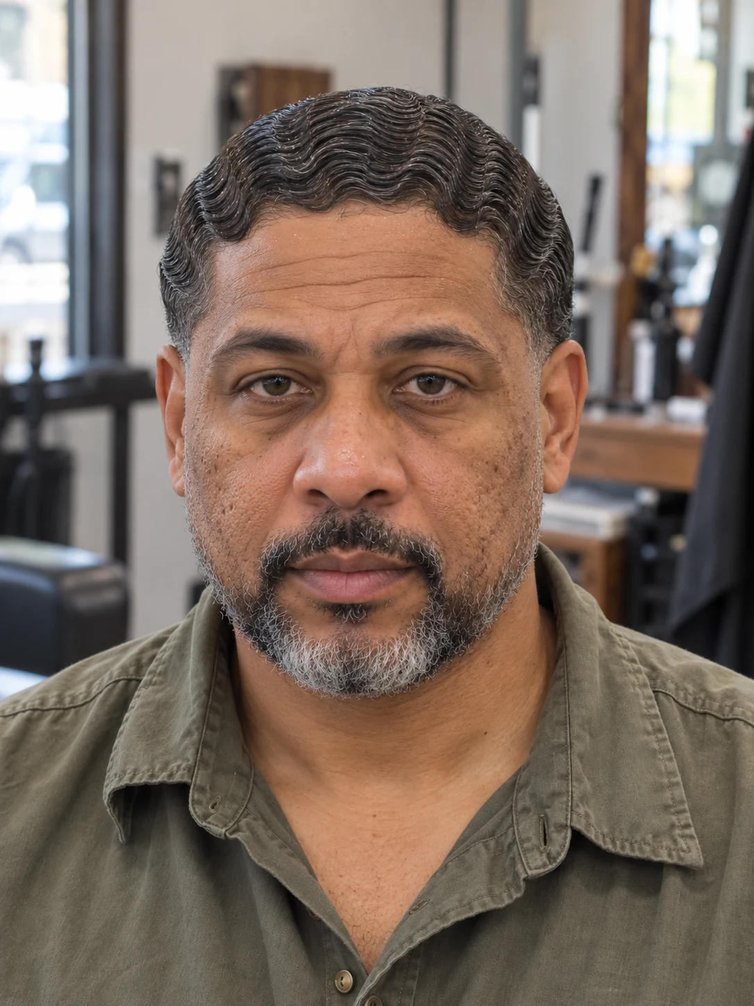 AI haircut concept: low taper with sculpted finger waves, front view.