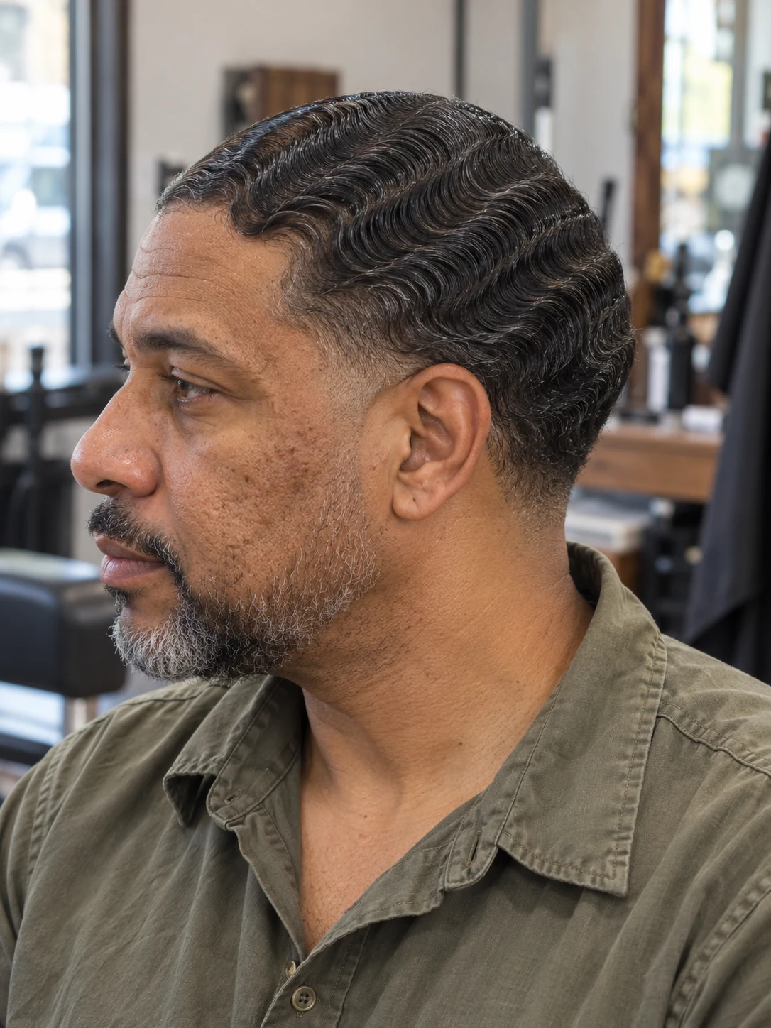 AI haircut concept: low taper with sculpted finger waves, left-side angled view.