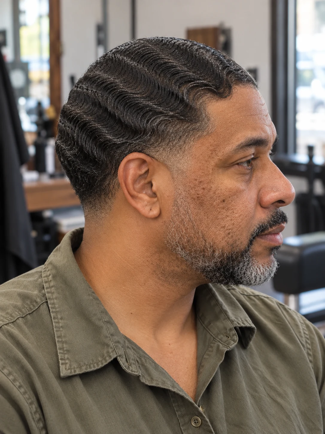 AI haircut concept: low taper with sculpted finger waves, opposite-side view.