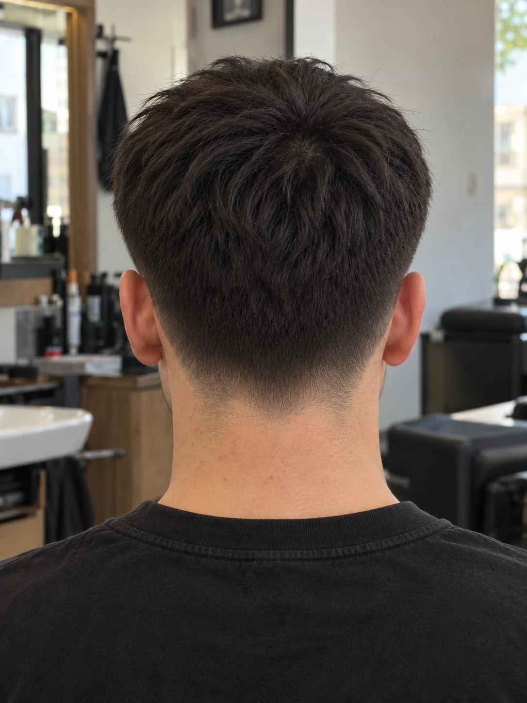 AI haircut concept: mid taper with a long french fringe, rear view.