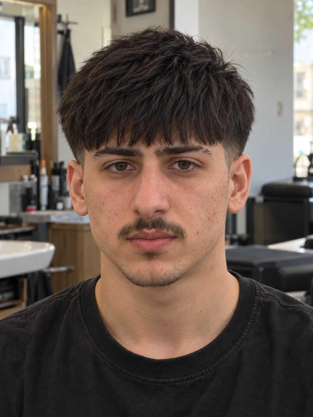 AI haircut concept: mid taper with a long french fringe, front view.