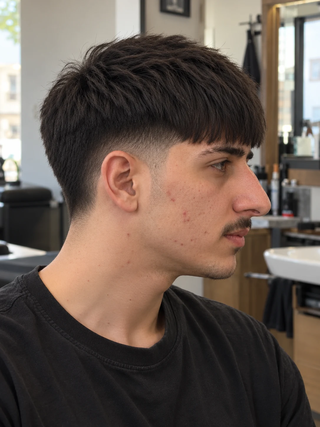 AI haircut concept: mid taper with a long french fringe, opposite-side view.