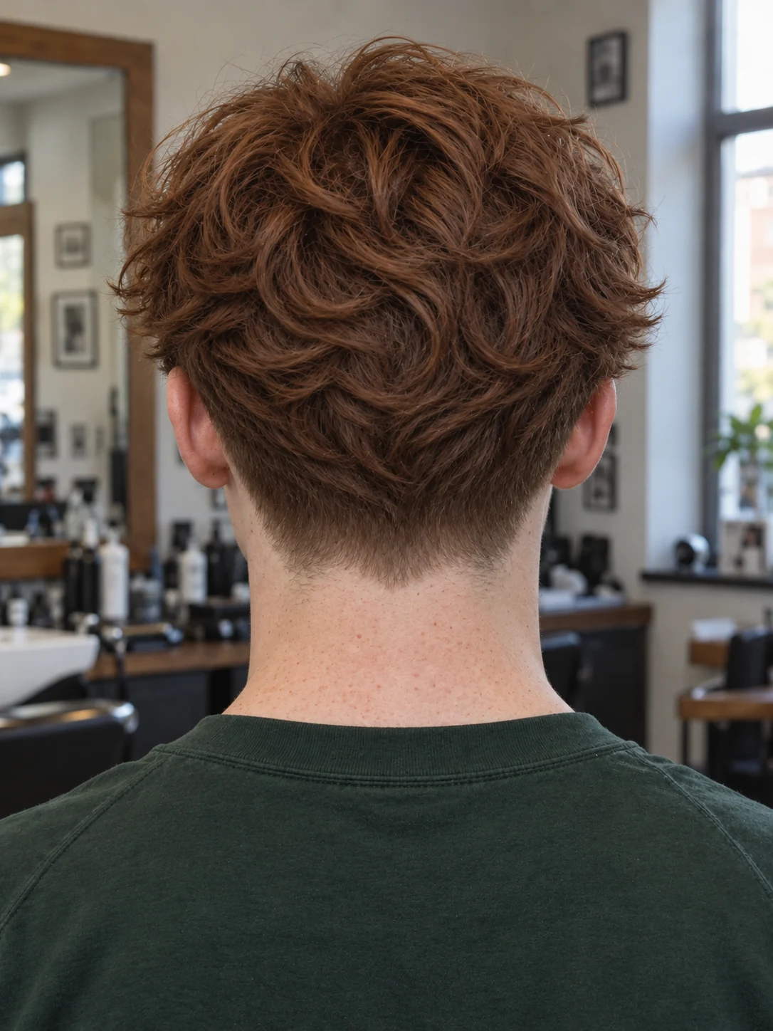 AI haircut concept: low taper with a layered wavy shag, rear view.