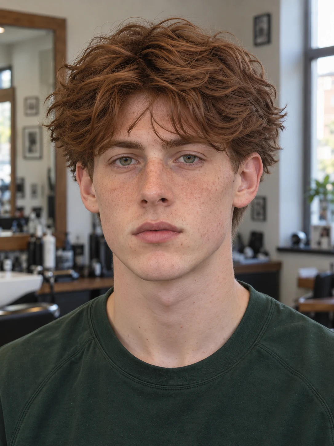 AI haircut concept: low taper with a layered wavy shag, front view.