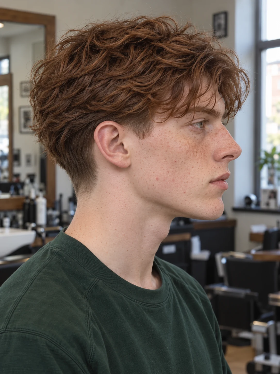 AI haircut concept: low taper with a layered wavy shag, opposite-side view.