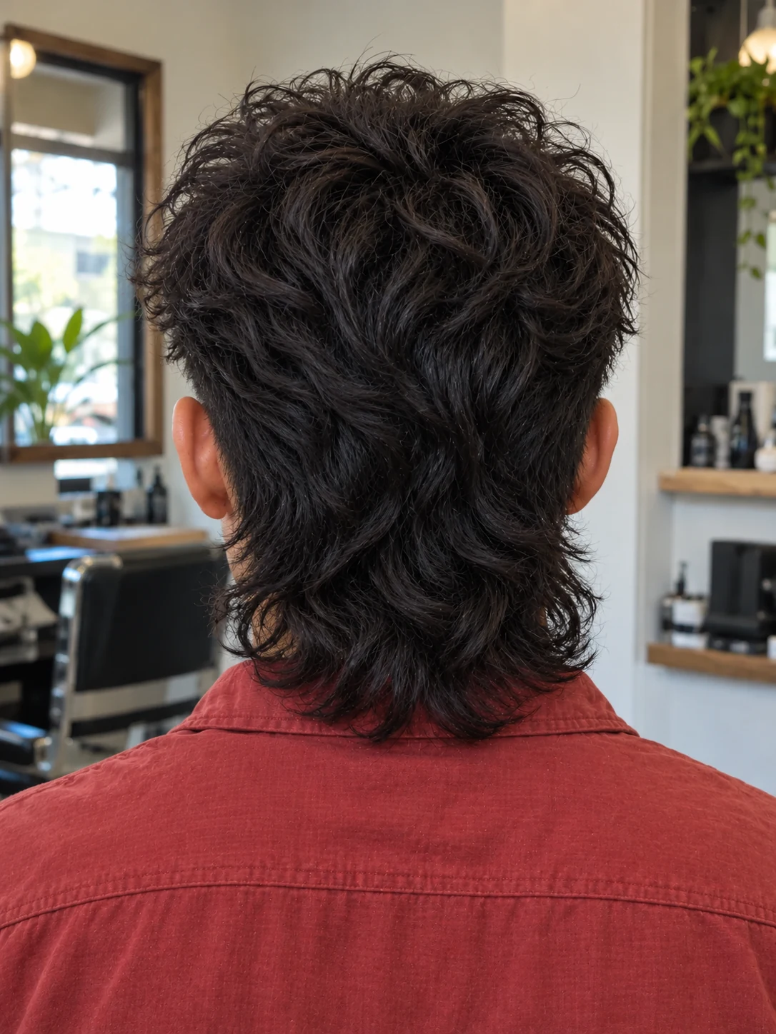 AI haircut concept: low taper with a wavy wolf mullet, rear view.