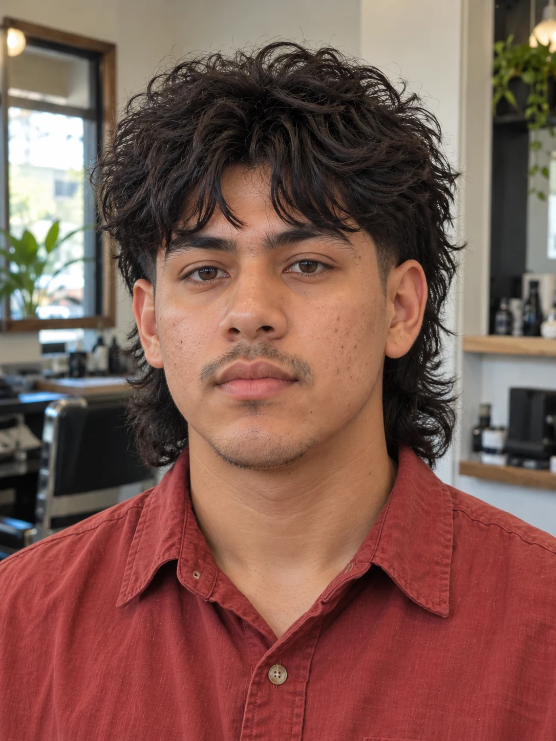 AI haircut concept: low taper with a wavy wolf mullet, front view.