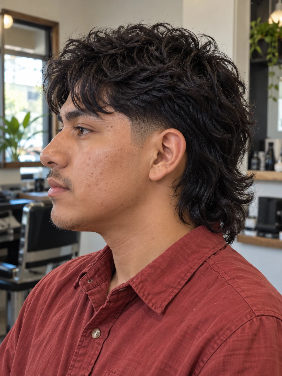 AI haircut concept: low taper with a wavy wolf mullet, young adult left-side reference.