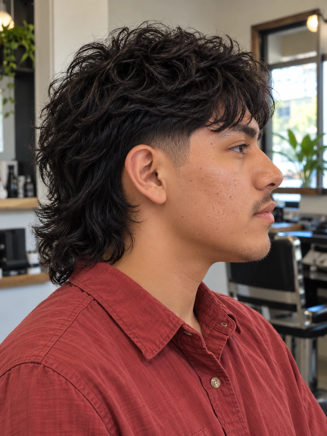 AI haircut concept: low taper with a wavy wolf mullet, opposite-side view.