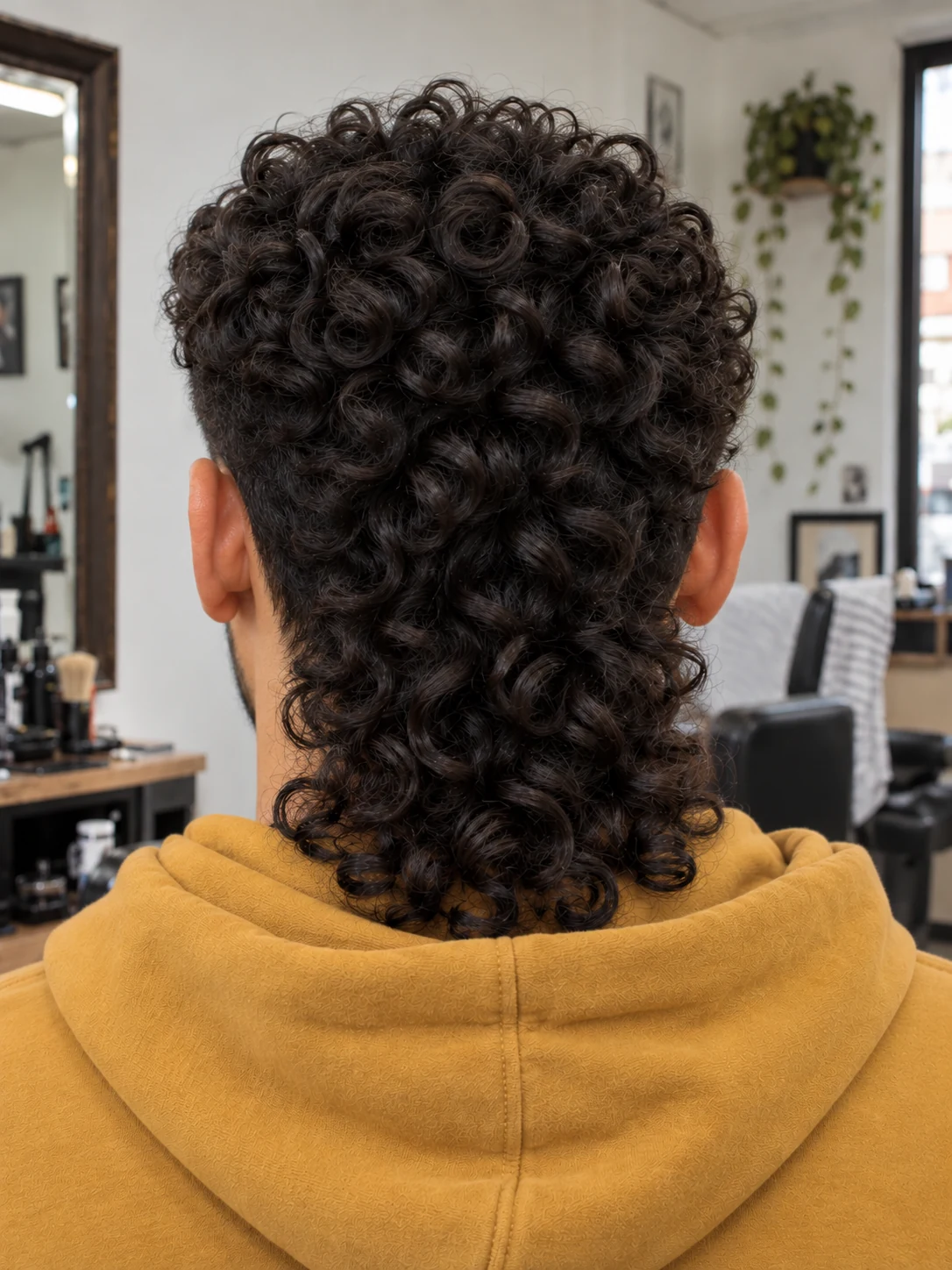 AI haircut concept: mid taper with a curly mullet, rear view.