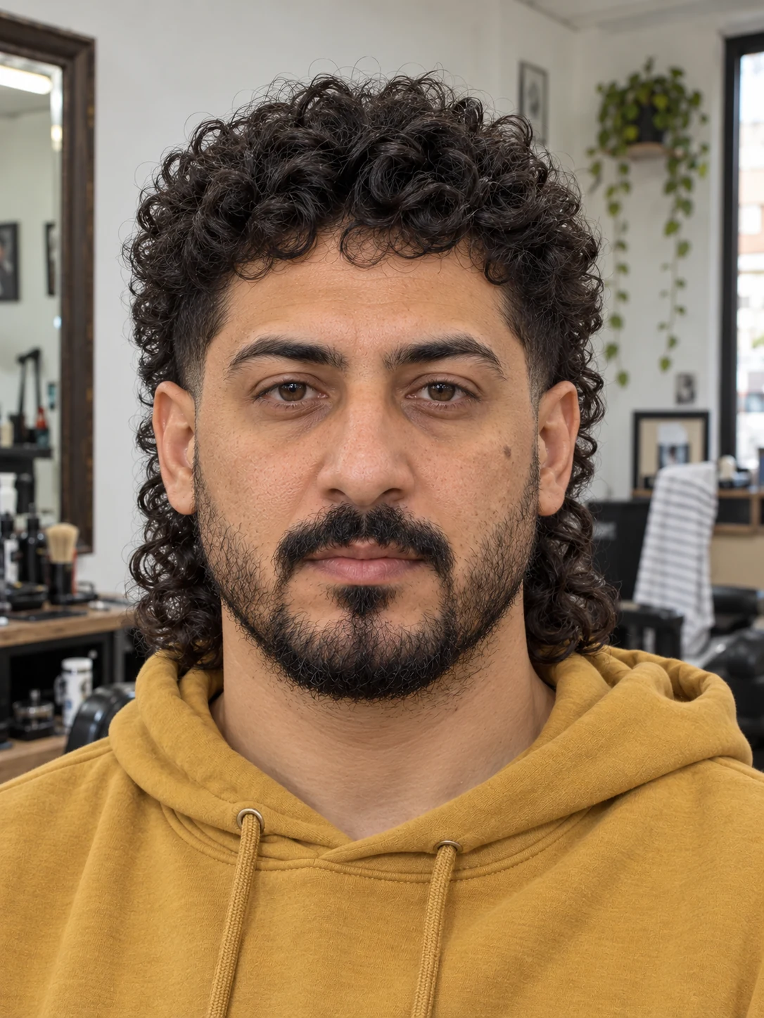 AI haircut concept: mid taper with a curly mullet, front view.