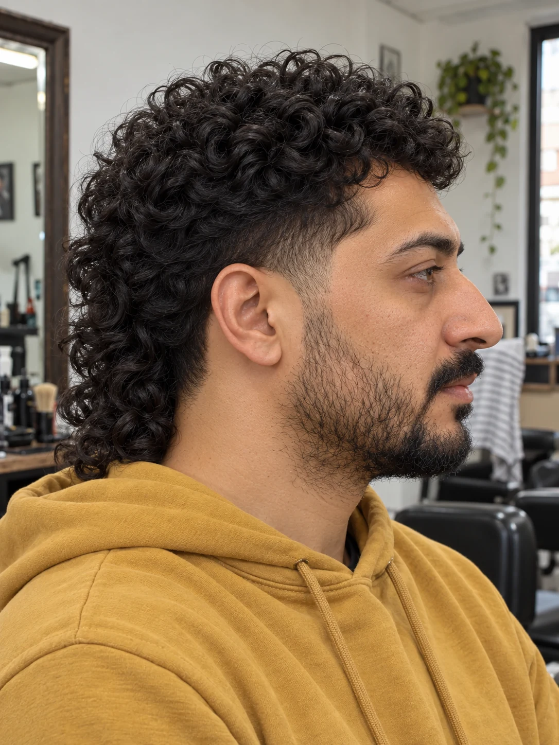 AI haircut concept: mid taper with a curly mullet, opposite-side view.
