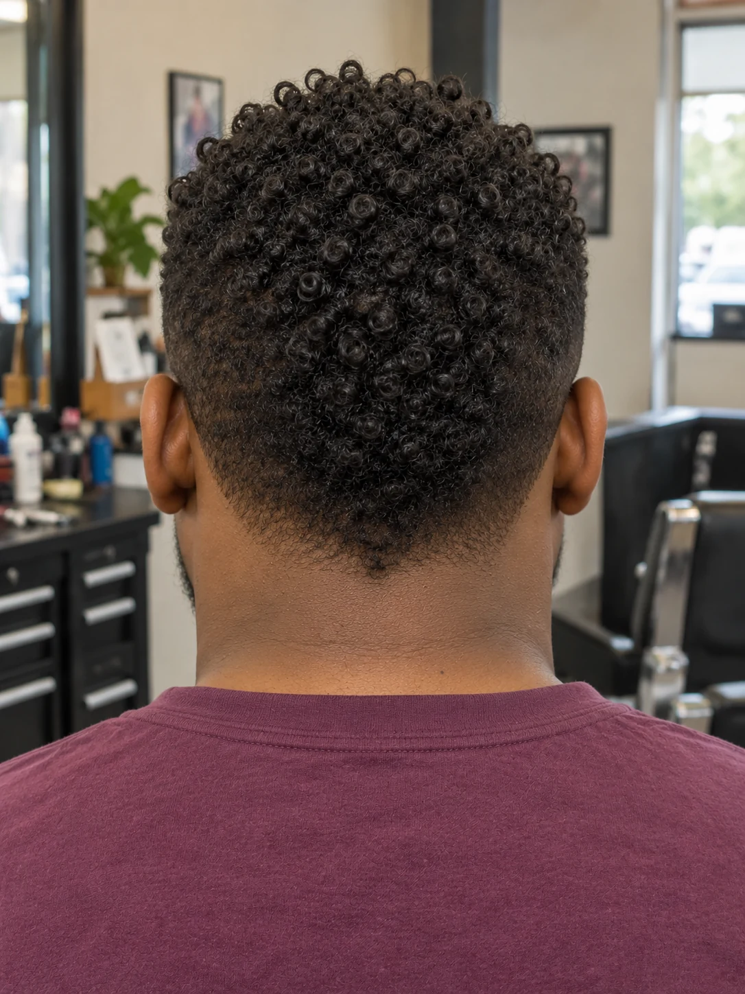 AI haircut concept: high taper with a short curly ridge, rear view.